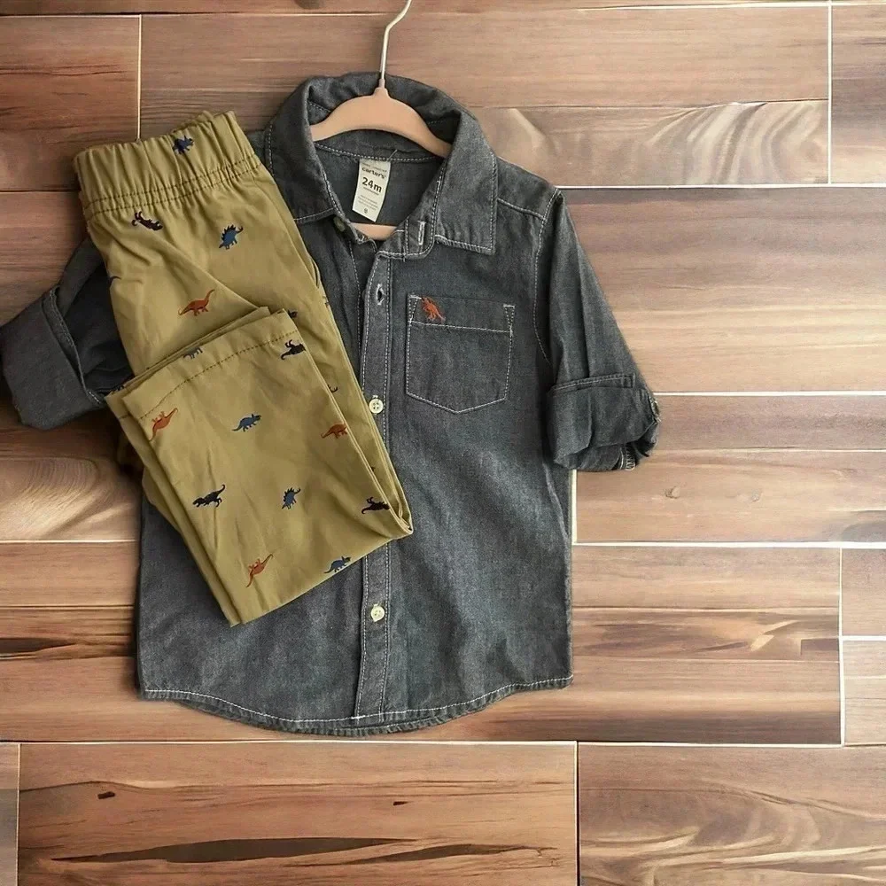 2-Piece Chambray Button-Front & Schiffli Pant Set - Toddler Boy 24m